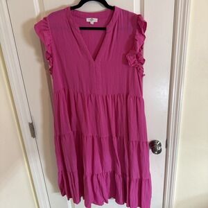 Entro Pink Ruffle Sleeve Tiered Midi Dress Size XL Lined & Pockets